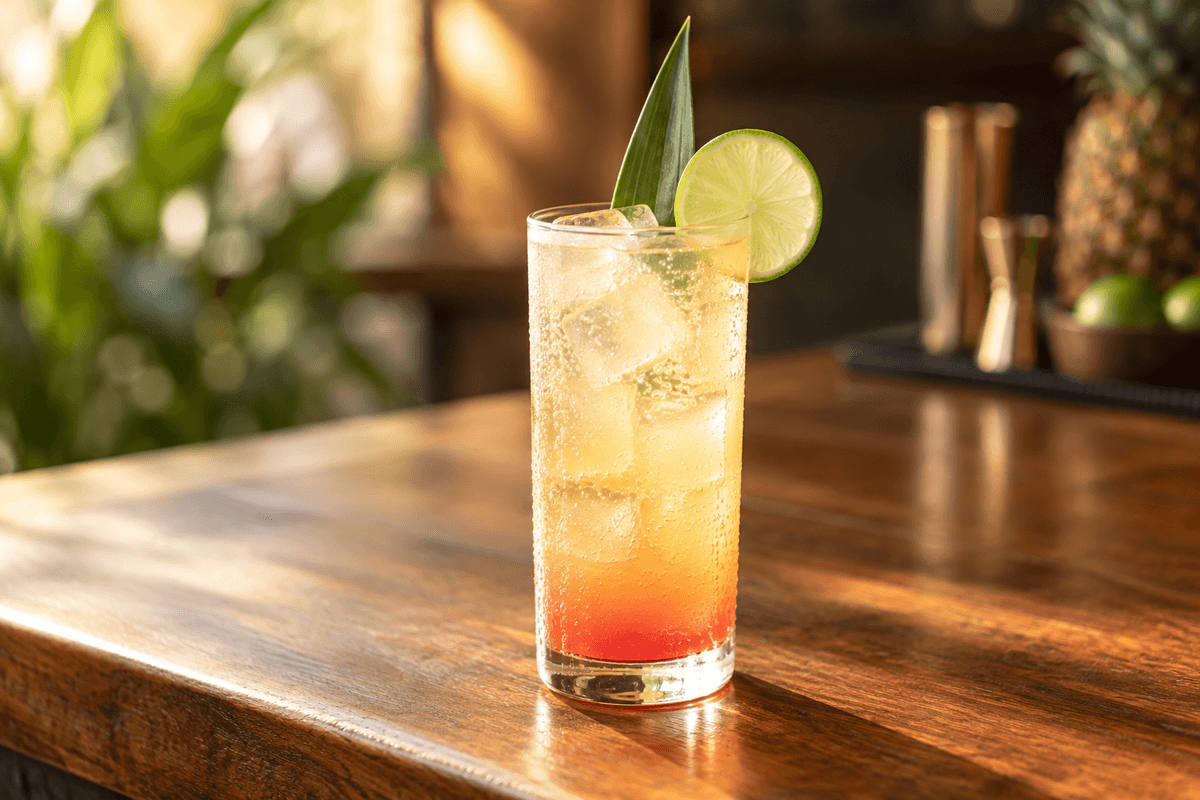 Final Exam Relief cocktail med ananas, lime, bobler og grenadinegradient