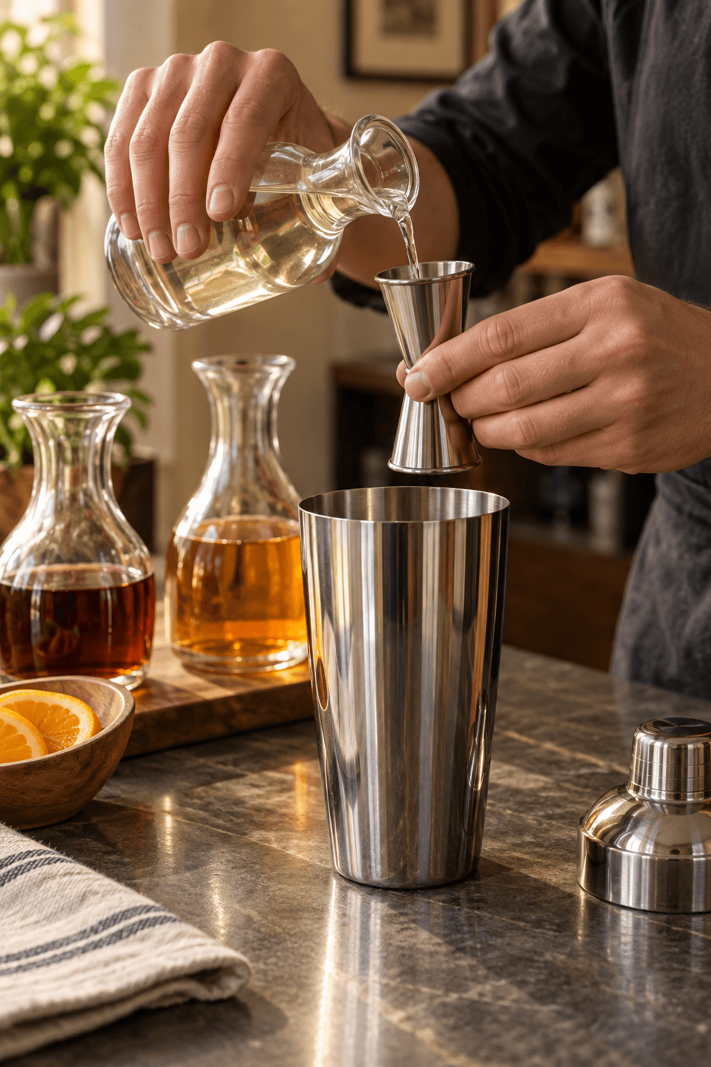 Kokosrom, amaretto og appelsinlikør måles præcist med jigger