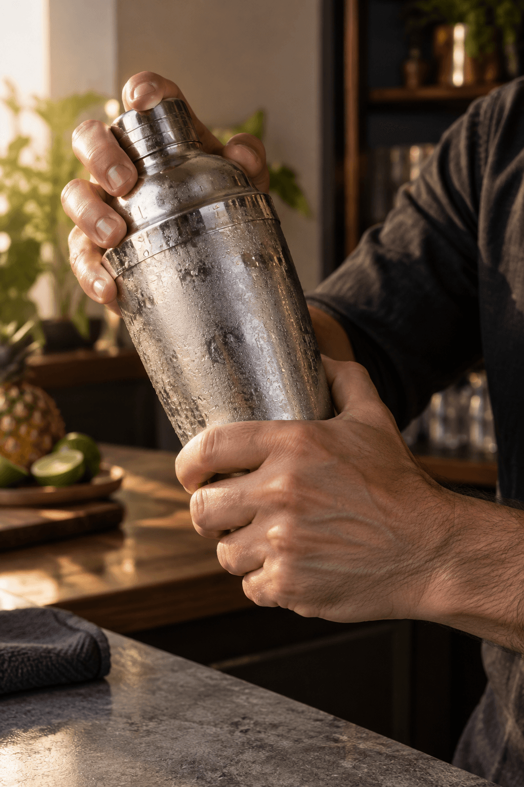 Ananas, lime og likører shakes med is til shakeren dugger