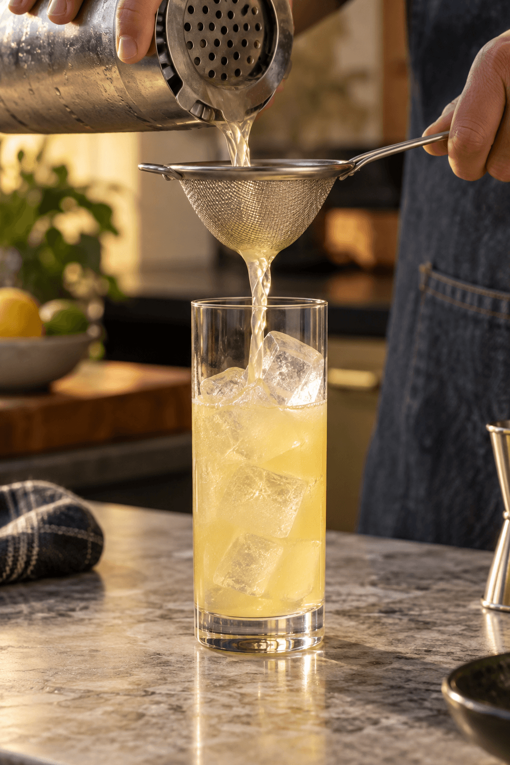 Den kolde ananas-citrusbase dobbelt-sies i ét isfyldt Collins-glas