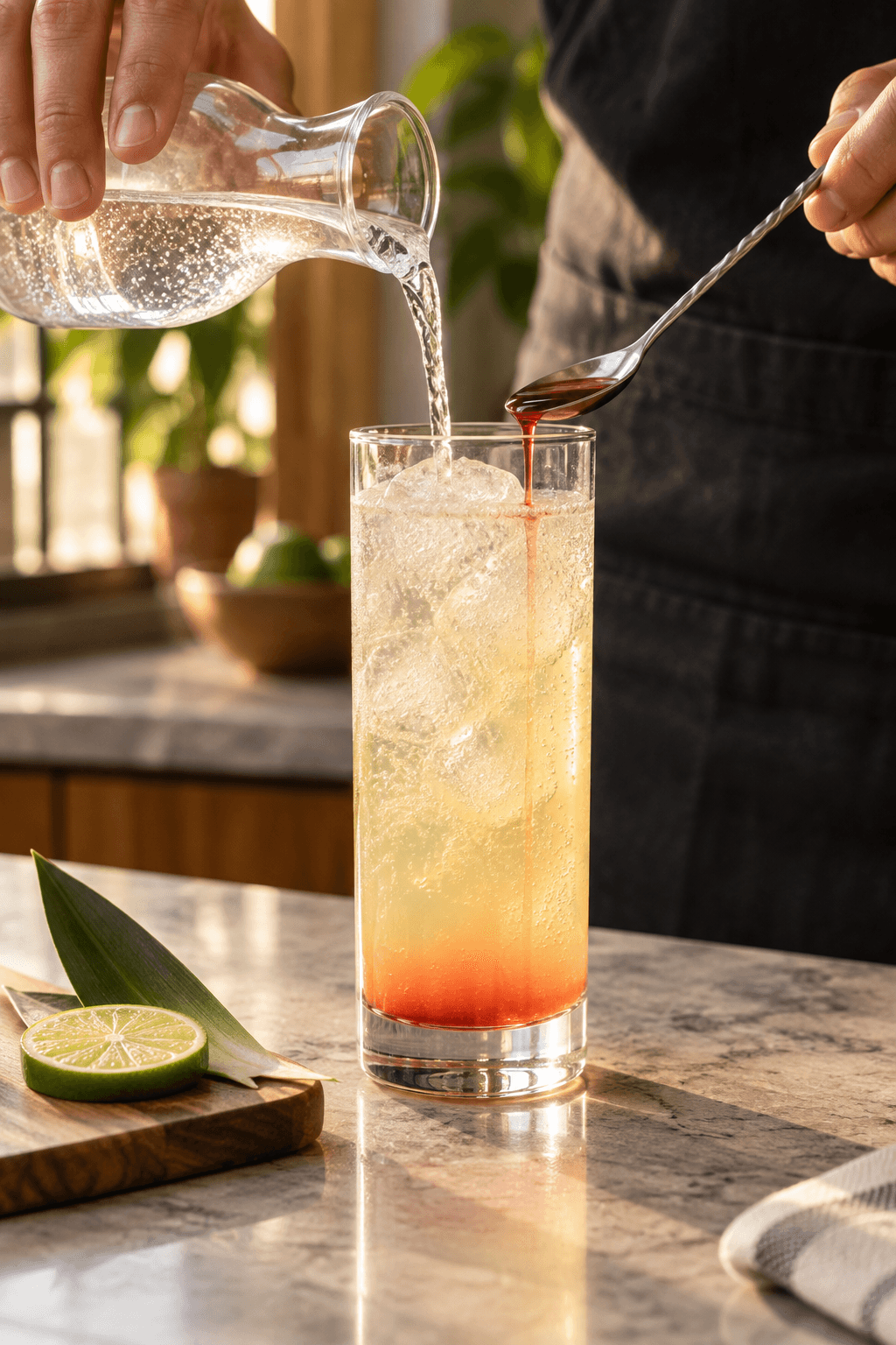 Ét cocktailglas toppes med danskvand og får et smalt lag grenadine