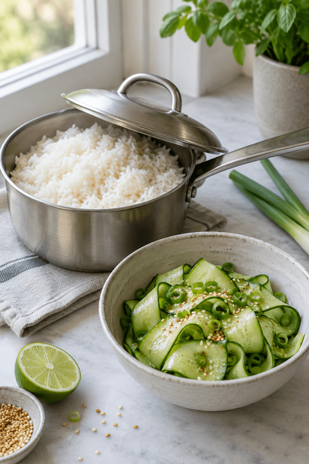 Luftige jasminris hviler ved siden af sprøde agurkebånd med lime og sesam