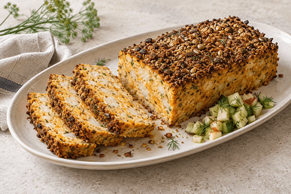 Fiskepostej med butternut, porre, dild, rugkerne-top og æble-agurkerelish