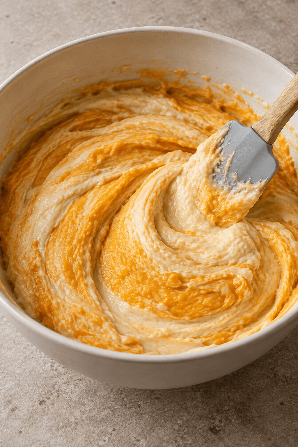 Kold torskefars foldes med orange butternutpuré til brede svirvler i én skål