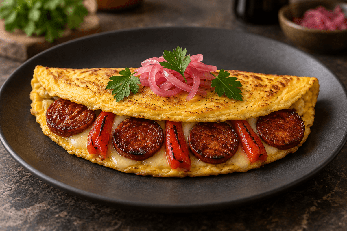 Foldet chorizoomelet med peberfrugt, manchego og sherrysyltede løg
