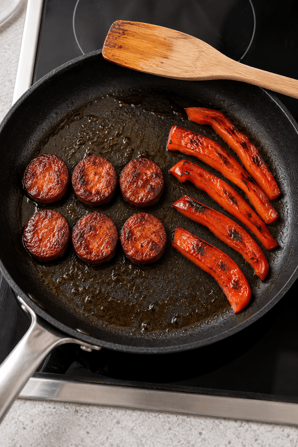 Præcis seks chorizoskiver og fem peberstrimler brunes til én omelet