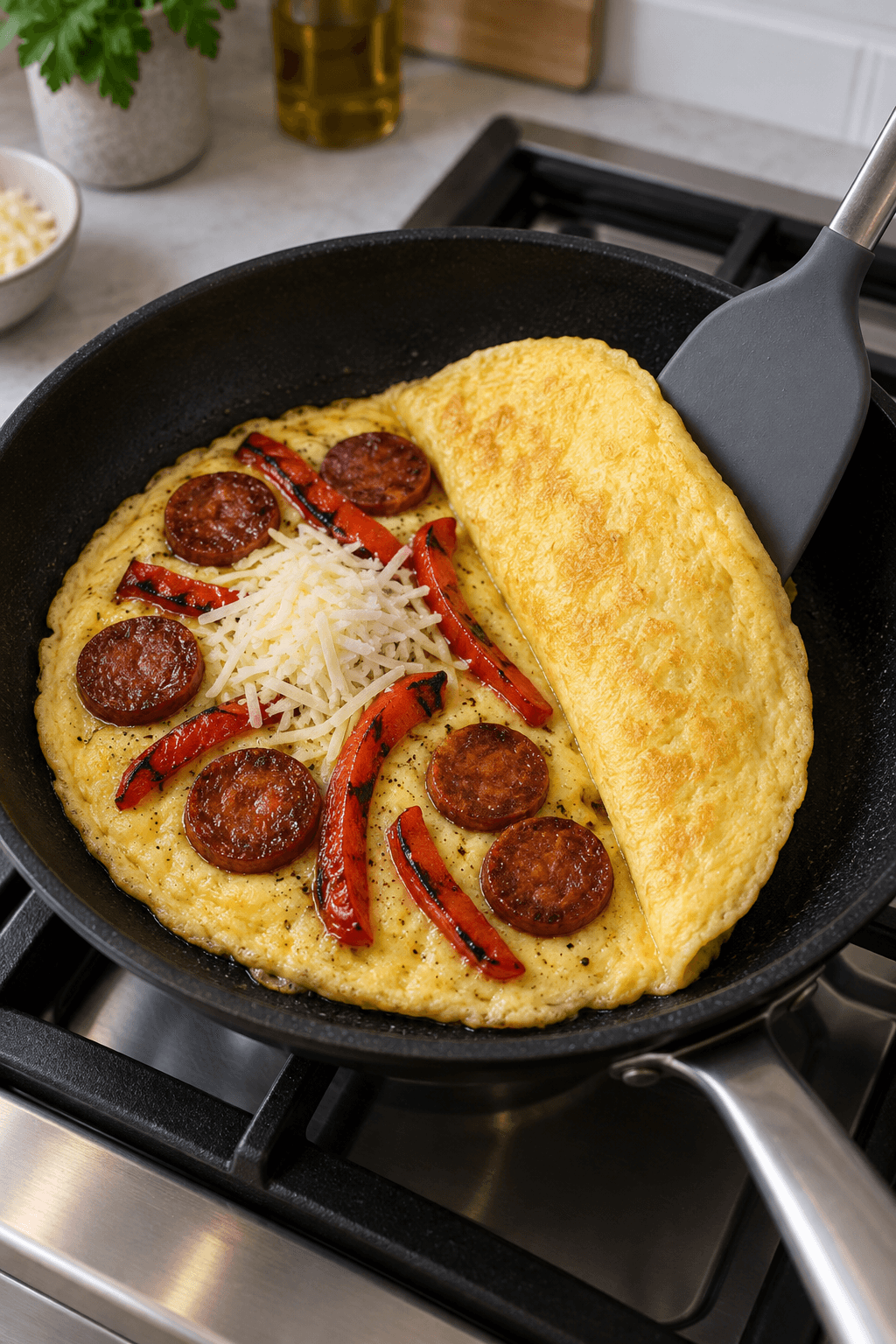 Omelet fyldes med seks chorizoskiver, fem peberstrimler og manchego før foldning
