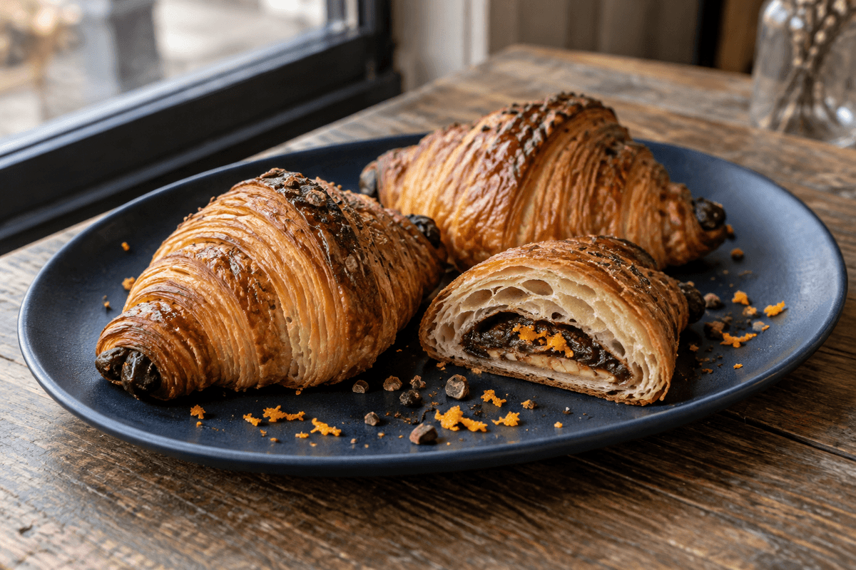 To hele franske chokoladehorn og et gennemskåret horn med appelsin-mandelremonce og kakaonibs