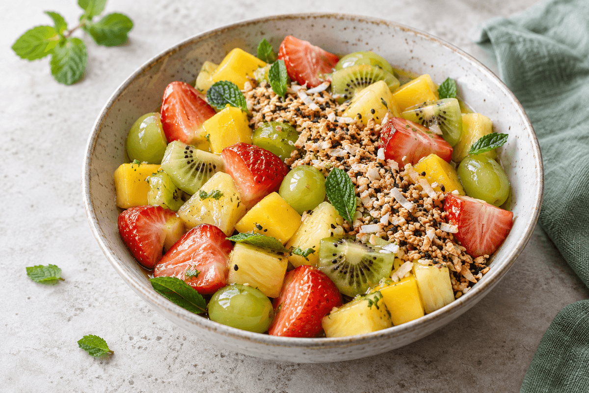 Frisk frugtmedley med fem frugttyper, lime, mynte og kokos-sesamknas i én skål