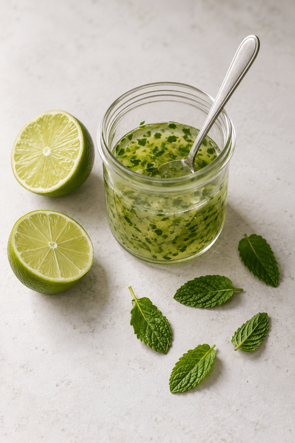 Lime-myntedressing i ét glas med to limehalve, fem mynteblade og én ske