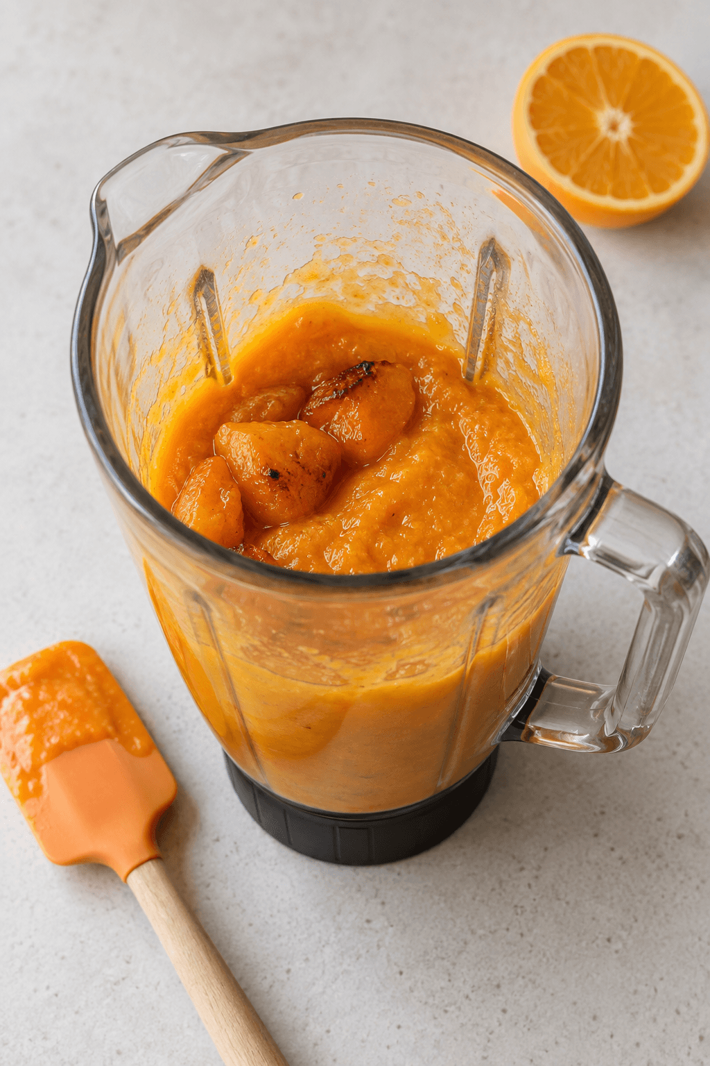 Bagt abrikospuré i én blenderkande med én spatula og én appelsinhalvdel