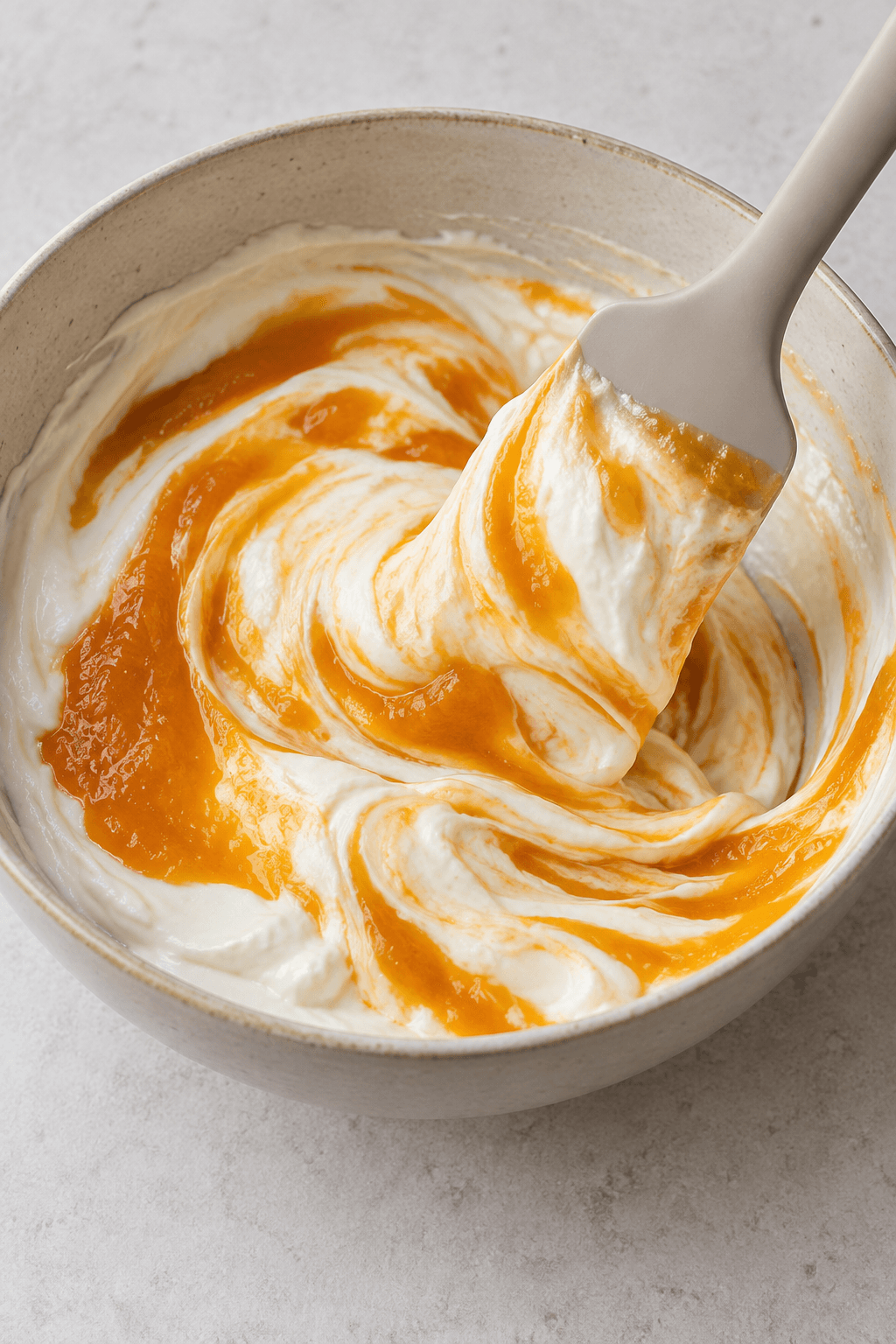 Orange abrikospuré foldes halvvejs ind i hvid yoghurt i én skål