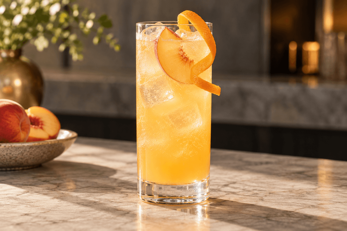 Fuzzy Navel med frisk fersken, appelsin, kamille, is og fine bobler