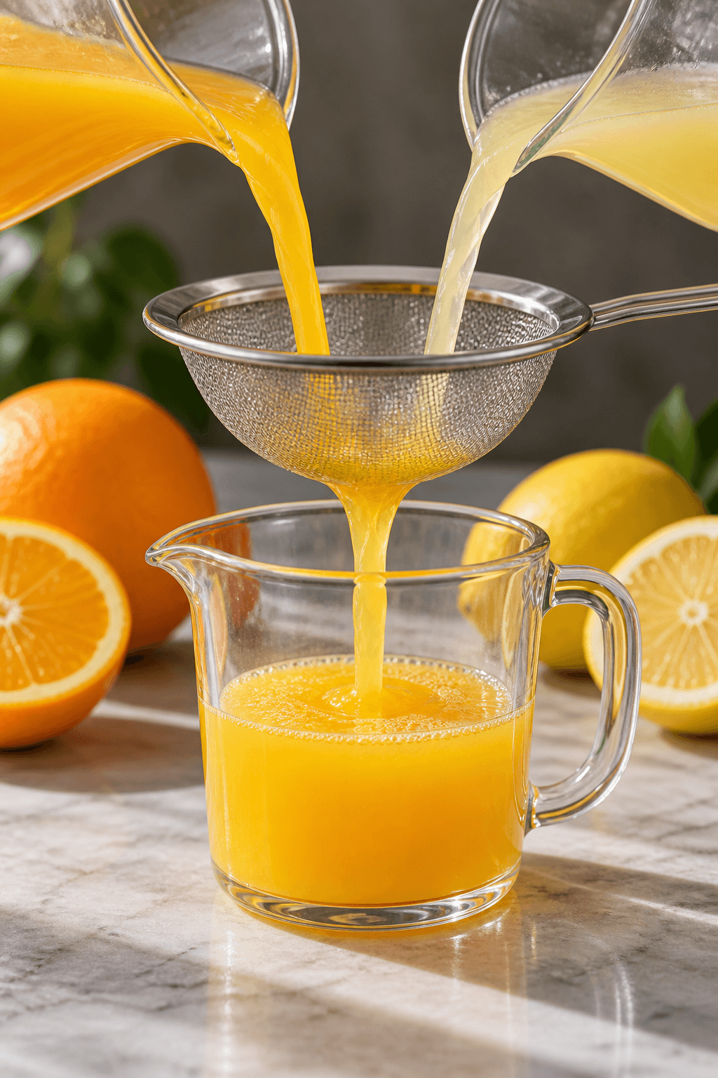 Frisk appelsin- og citronsaft sies gennem én fin sigte