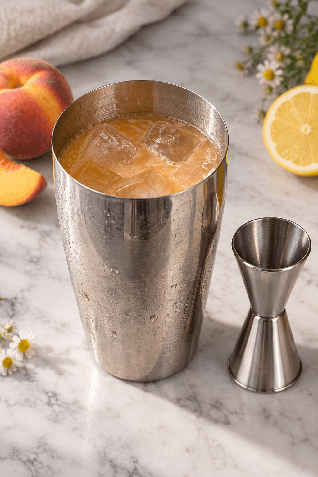 Lys orange Fuzzy Navel-base med fersken og kamille rystes over store isterninger