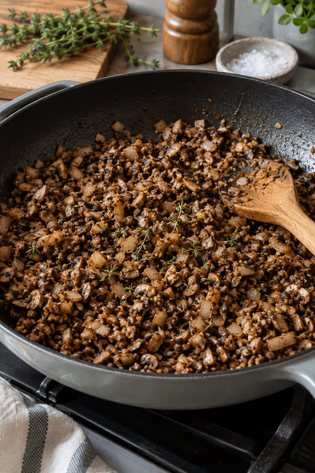 Champignon og løg steges mørkt og tørt med timian