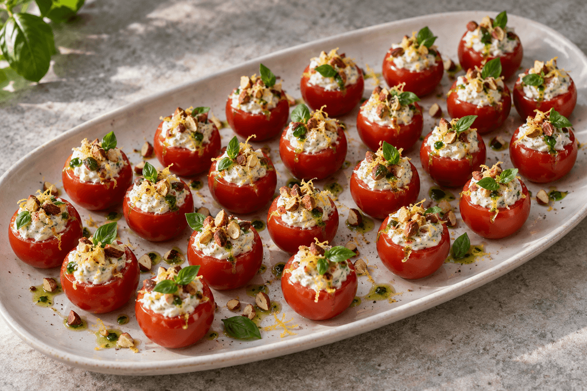 Fyldte cherrytomater med bagt hvidløg, feta, ristede mandler og basilikumolie