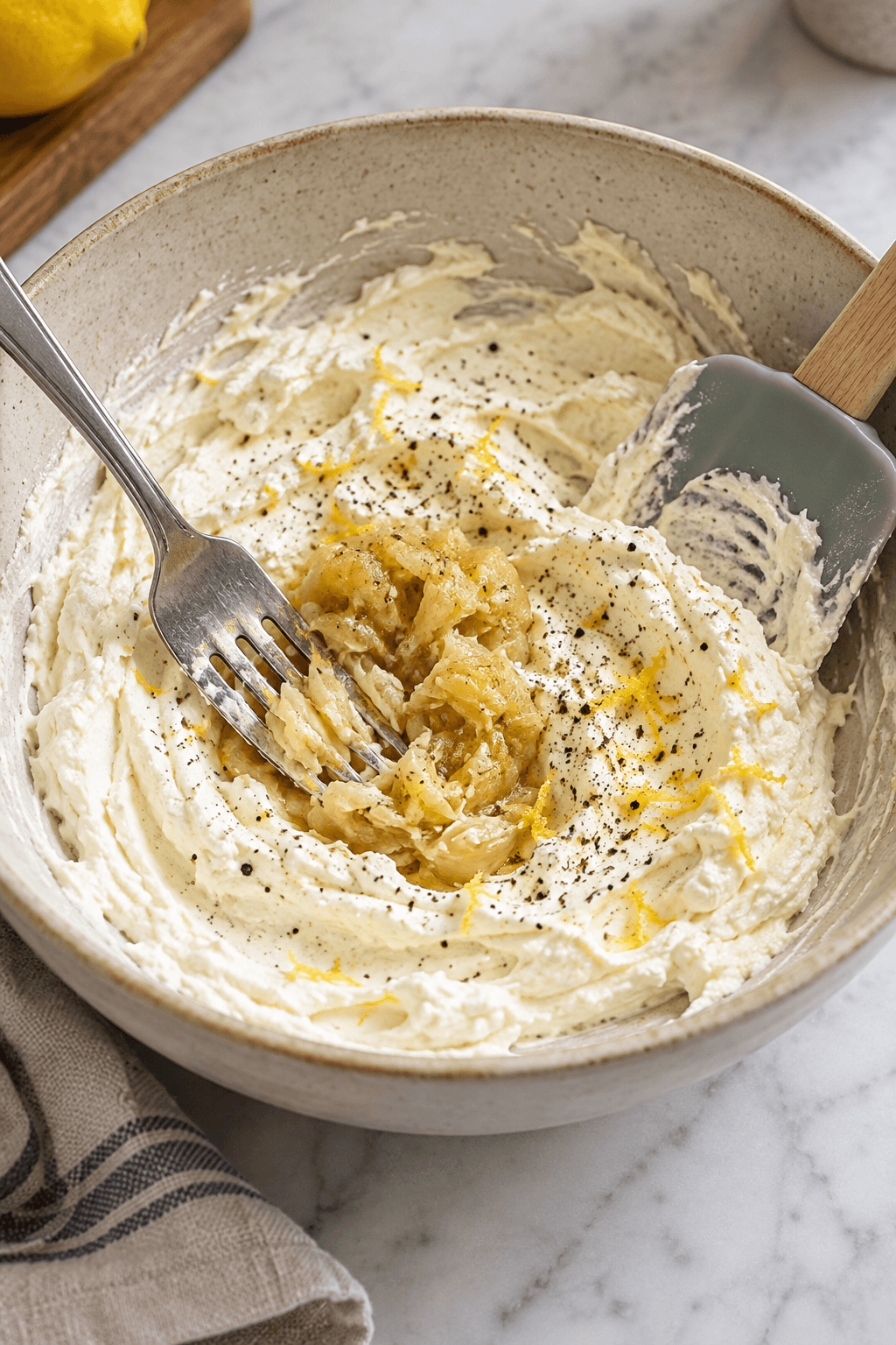 Bagt hvidløg moses i tyk feta-yoghurtcreme med citron og peber