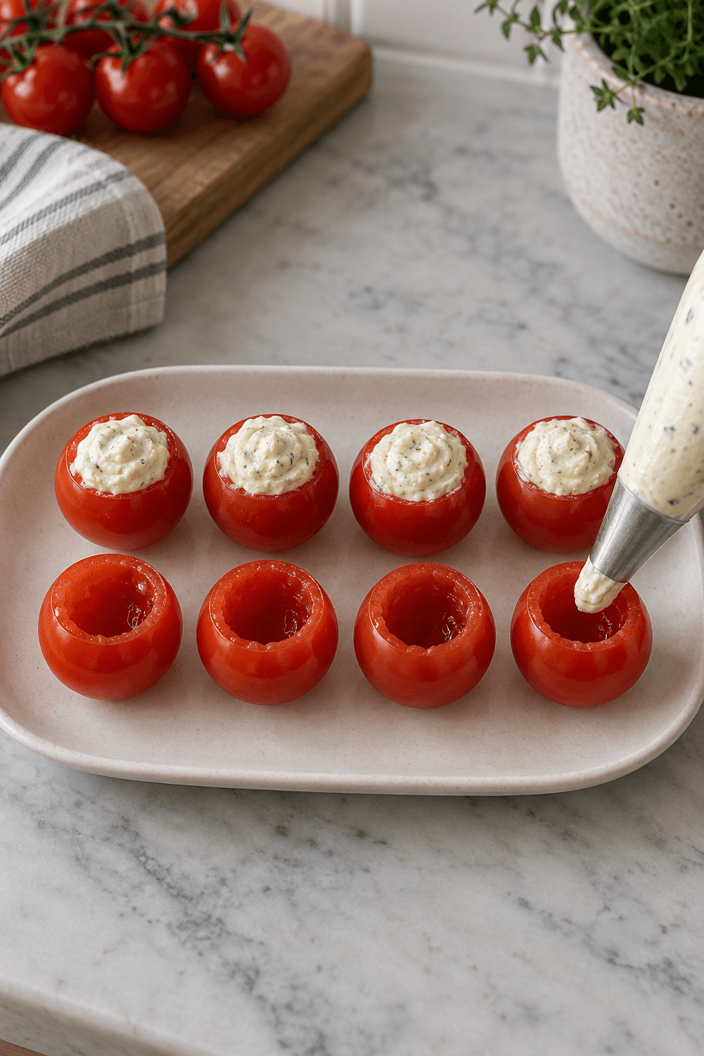 Fire af otte udhulede cherrytomater er fyldt med feta-hvidløgscreme fra sprøjtepose