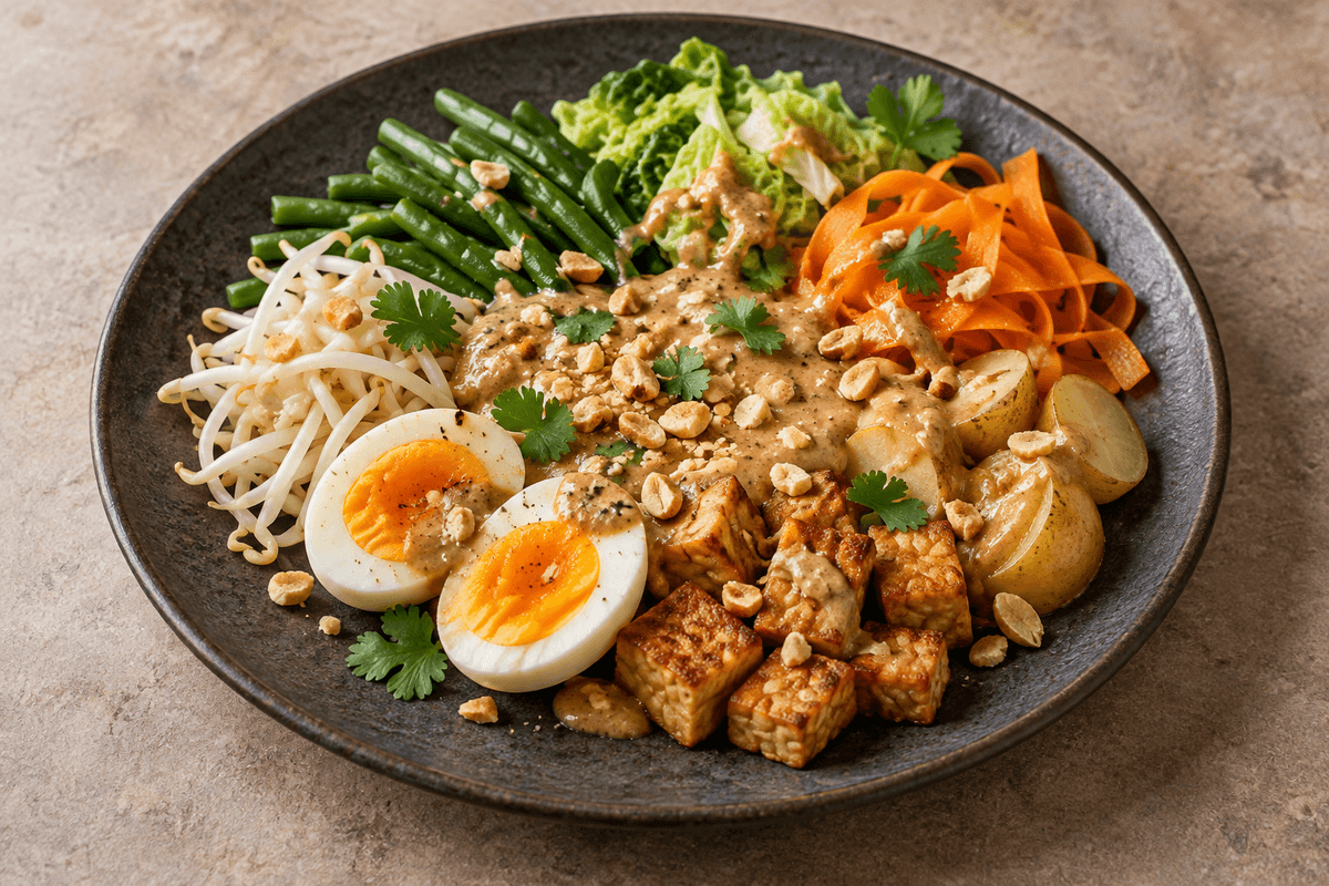 En portion gado-gado med tempeh, æg, grøntsager og jordnøddesauce