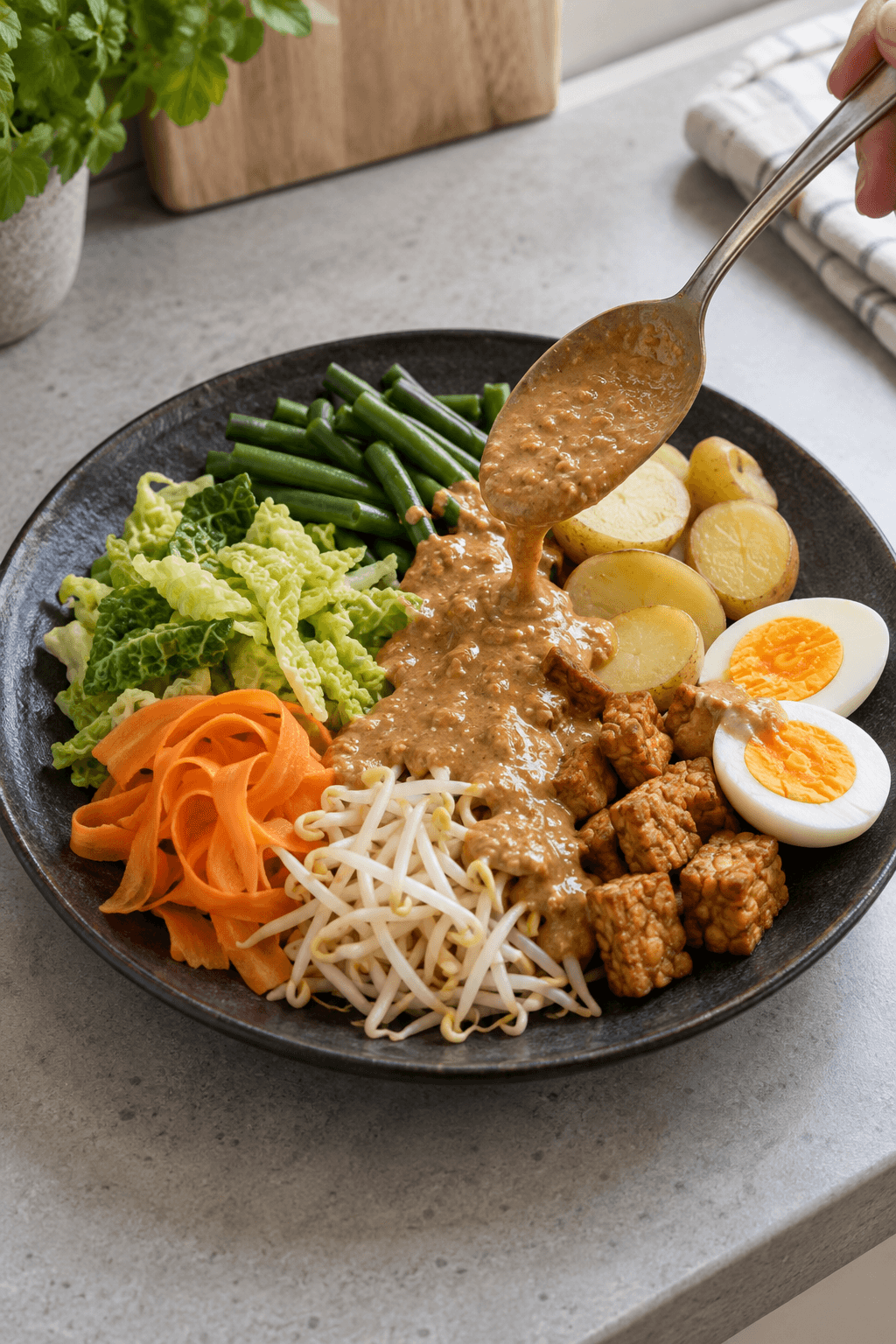En gado-gado-tallerken samles i grupper og toppes med jordnøddesauce