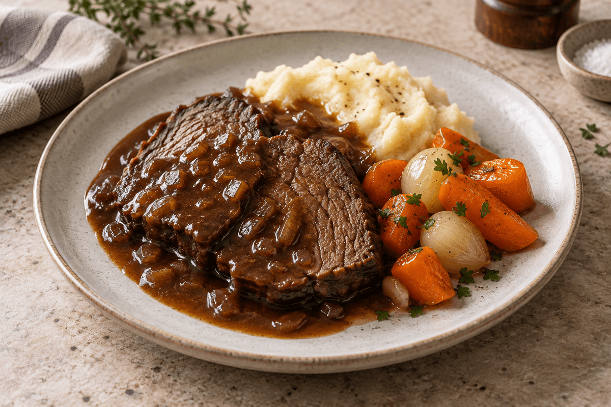 Gammeldags oksesteg i stegeso med løgsauce, rodfrugtmos og glaserede grøntsager