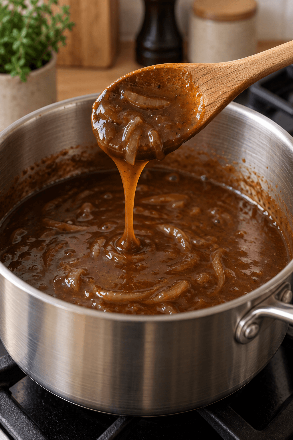 Blank brun løgsauce koges ind og dækker en træske