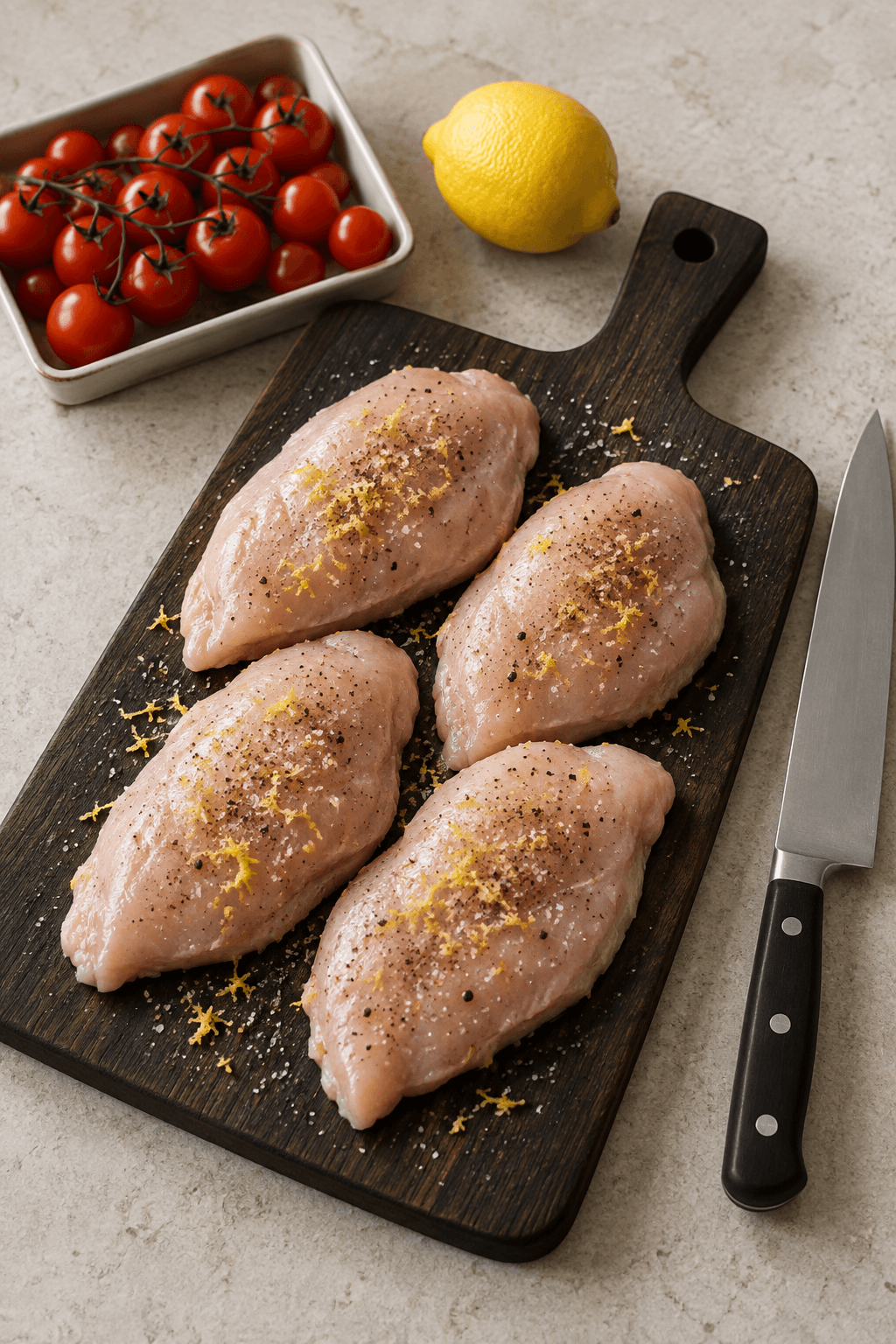 Fire rå kyllingebryster krydres med citron, salt og peber ved cherrytomater