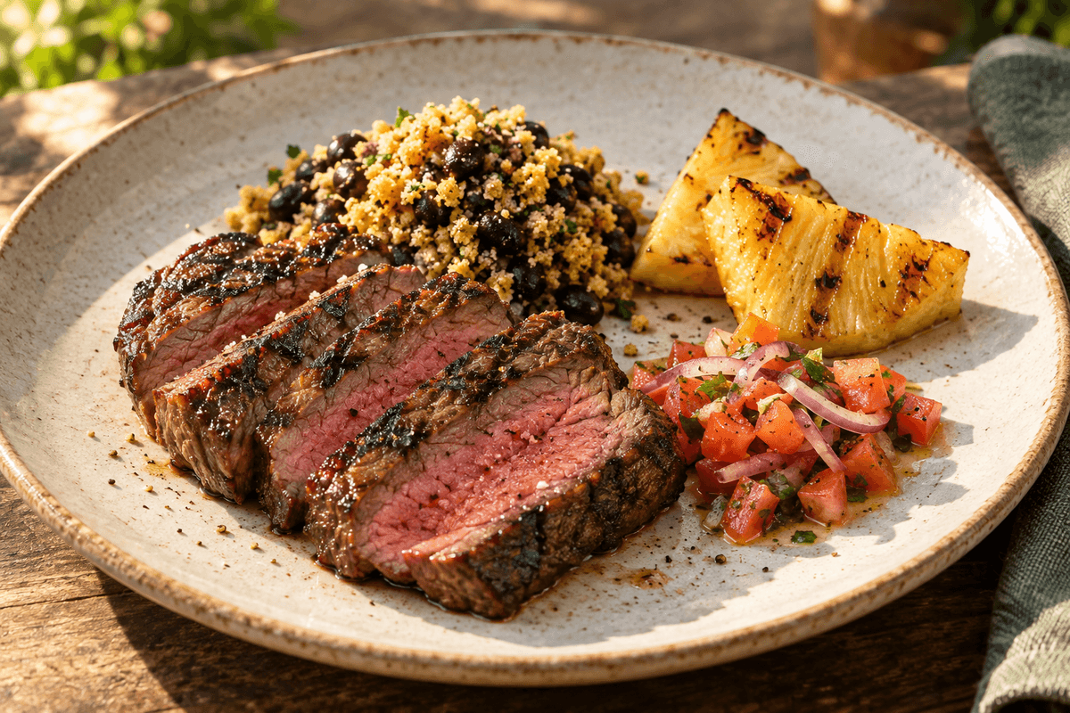 Brasiliansk marineret grill-steak med bønnefarofa, ananas og tomatvinaigrette