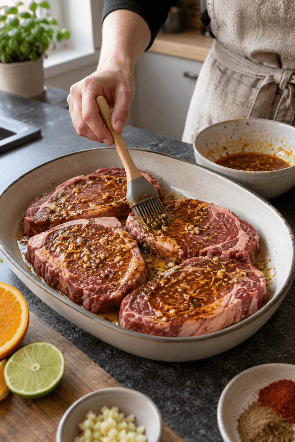 Fire rå entrecôter pensles med appelsin-lime-marinade
