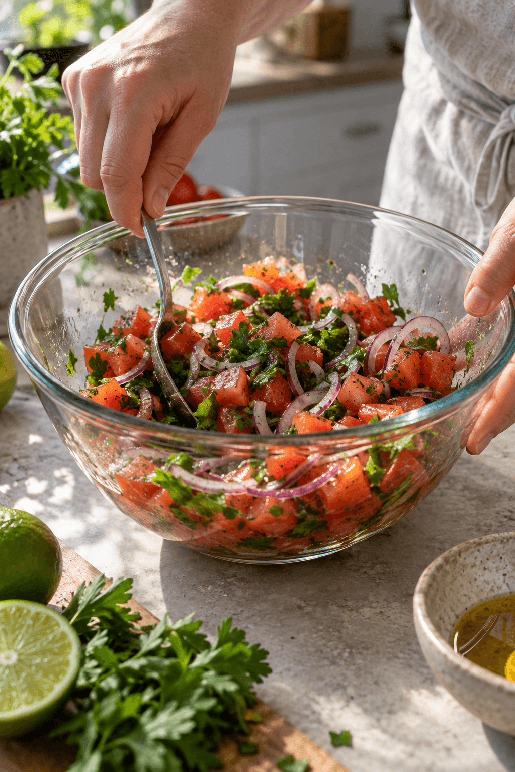 Tomat, rødløg, persille og lime røres til frisk vinaigrette