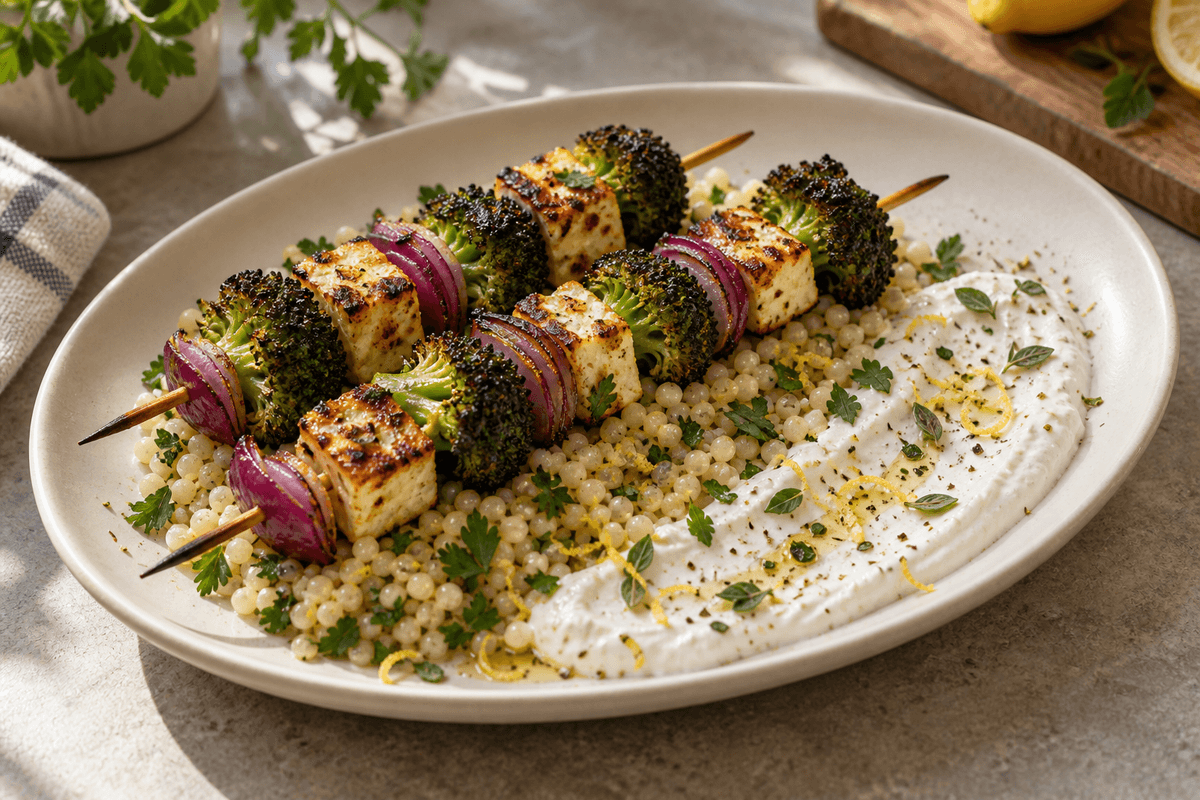 Tre grillede broccolispyd med halloumi, rødløg, hvidløgsskyr og urteperlecouscous