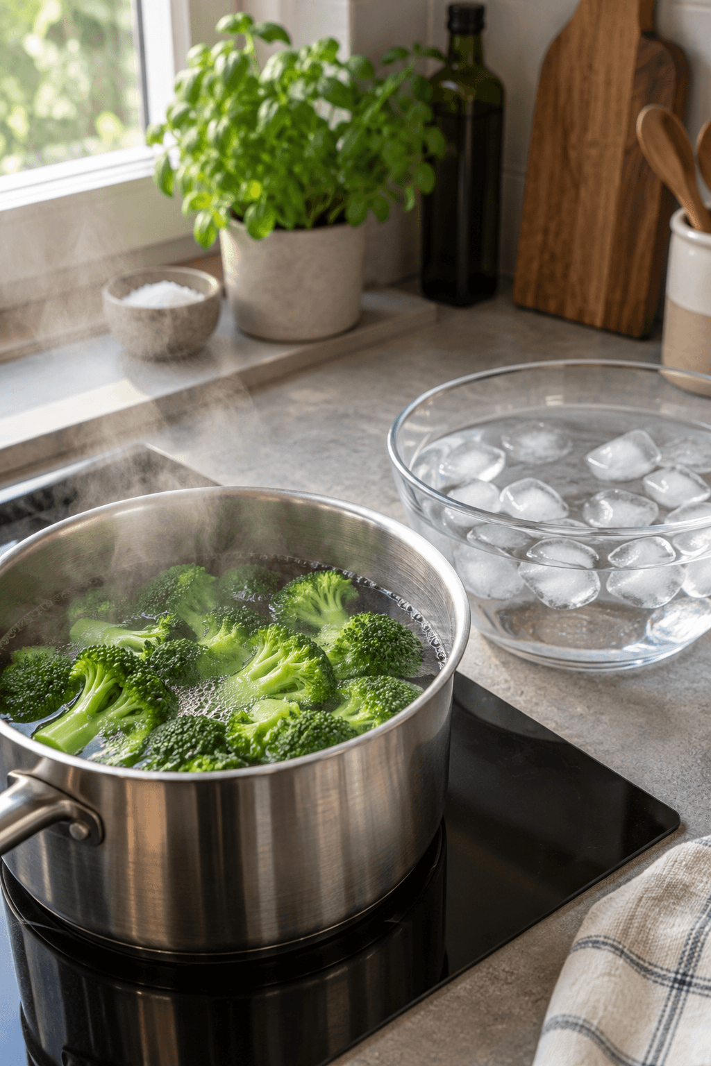Grønne broccolibuketter blancheres i én gryde ved siden af én skål isvand