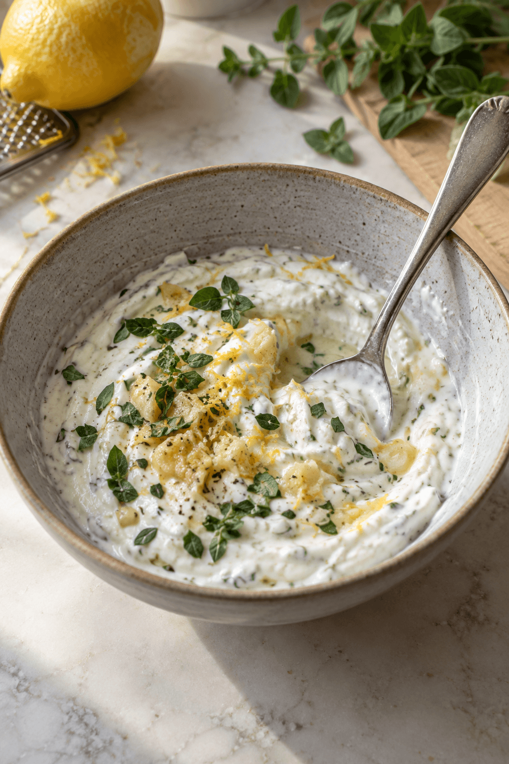 Tyk skyrsauce røres med ovnbagt hvidløg, citron og oregano i én skål
