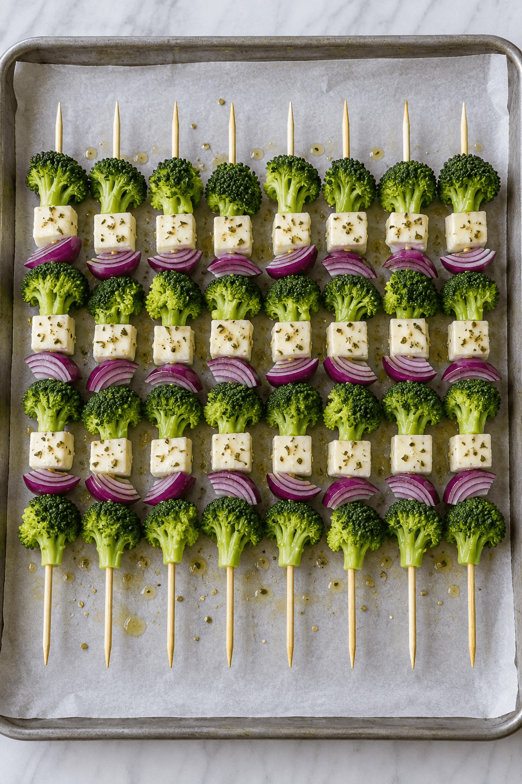 Præcis otte rå spyd med broccoli, halloumi og rødløg ligger på én plade