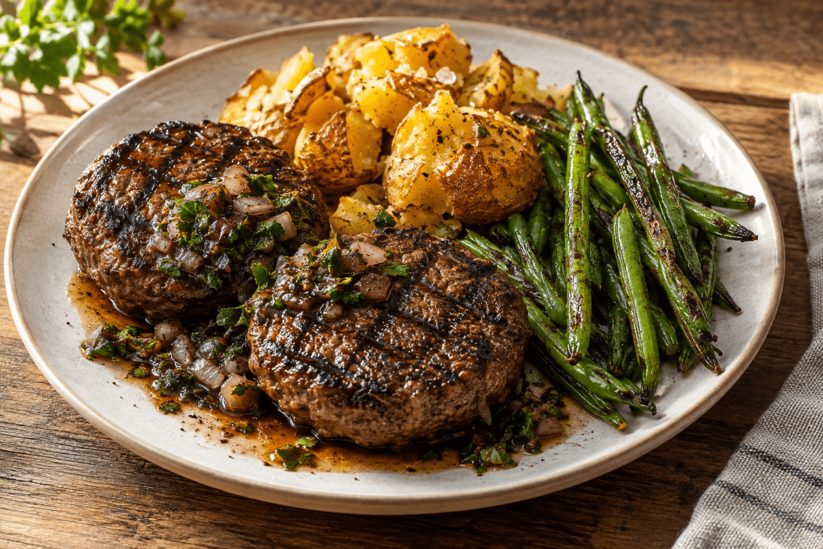 Grillede hakkebøffer med persille-balsamicosauce, knuste kartofler og grønne bønner