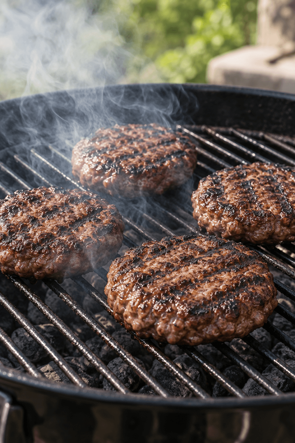 Fire hakkebøffer grilles med mørke grillmærker over varme kul