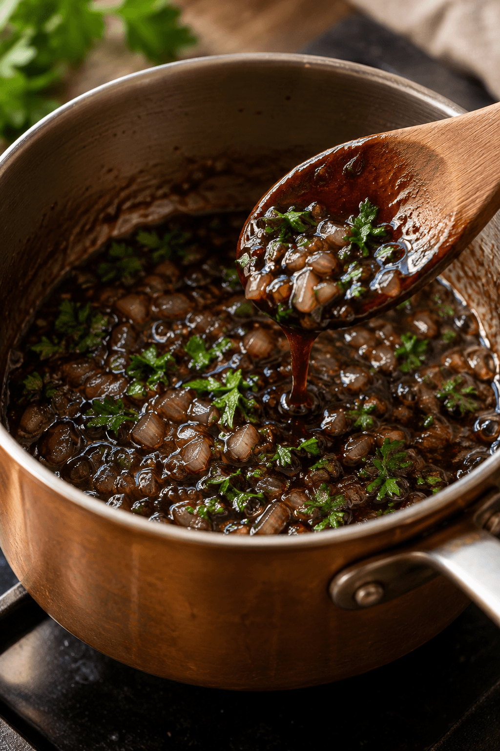 Blank balsamicosauce med skalotteløg og frisk persille dækker en træske