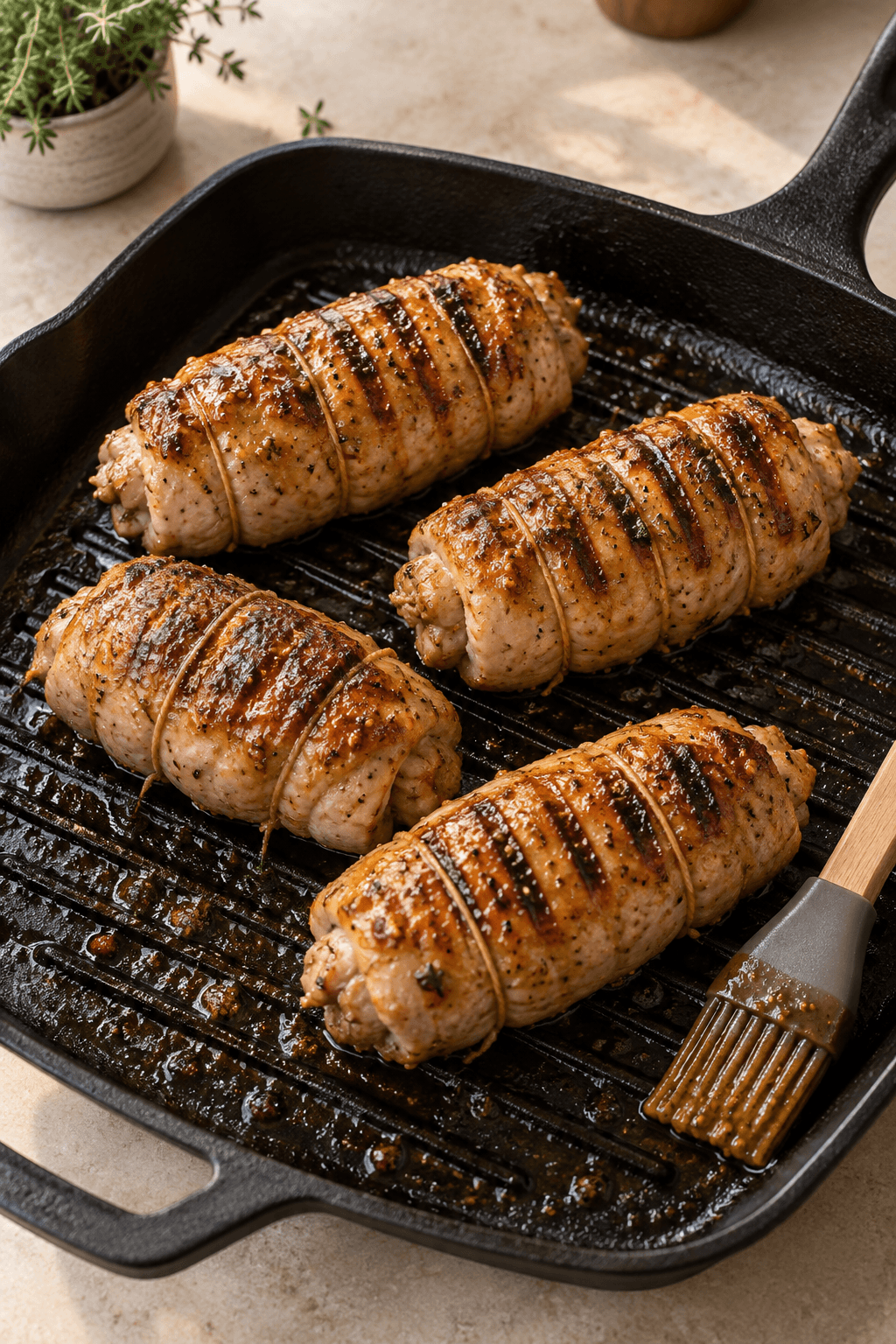 Fire bundne kalkunruller med grillstriber og dijonglasering på én grillpande