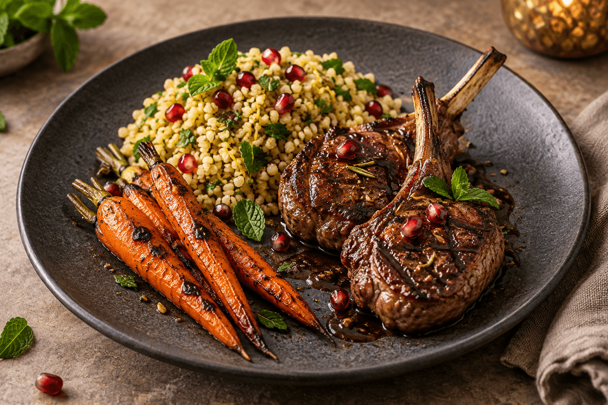 To grillede lammekoteletter med farin-granatæbleglasur, urtebulgur og grillede gulerødder