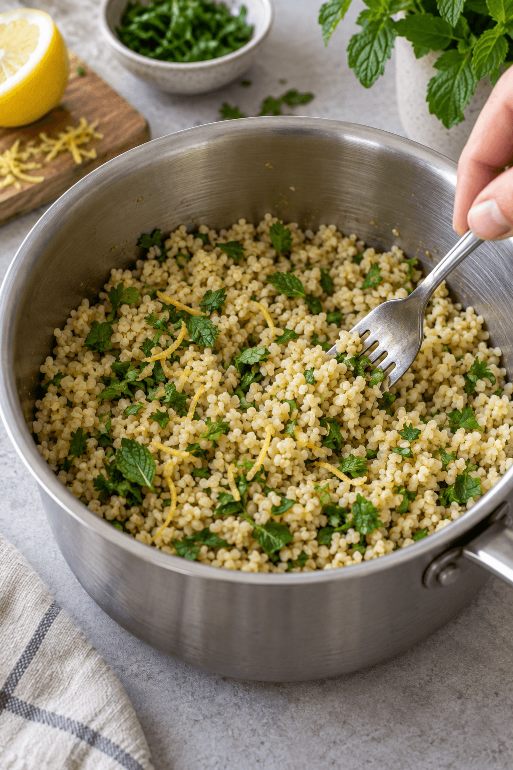 Kogt bulgur luftes med gaffel og vendes med citronskal, mynte og persille