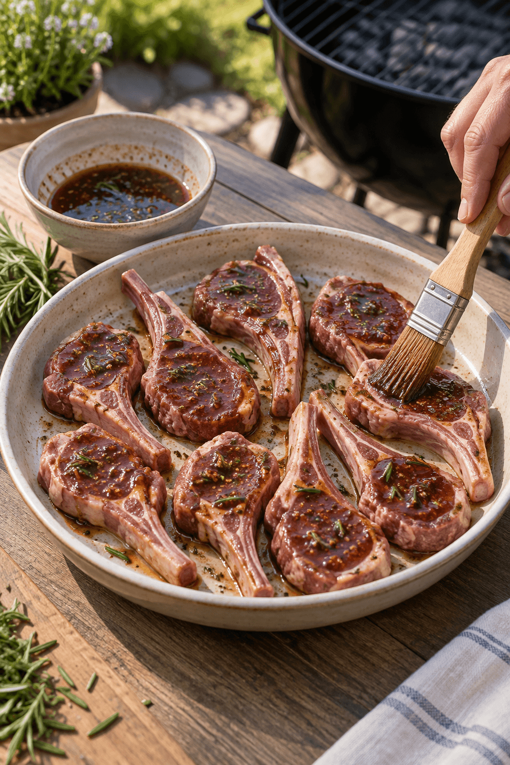 Otte rå lammekoteletter pensles let med farin-granatæbleglasur før grillning