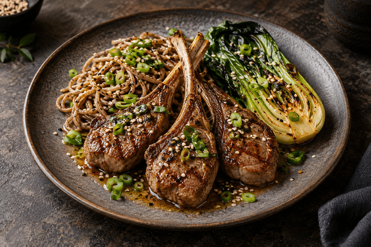 En portion grillede lammekoteletter med miso-limesmør, sesam-soba og pak choi