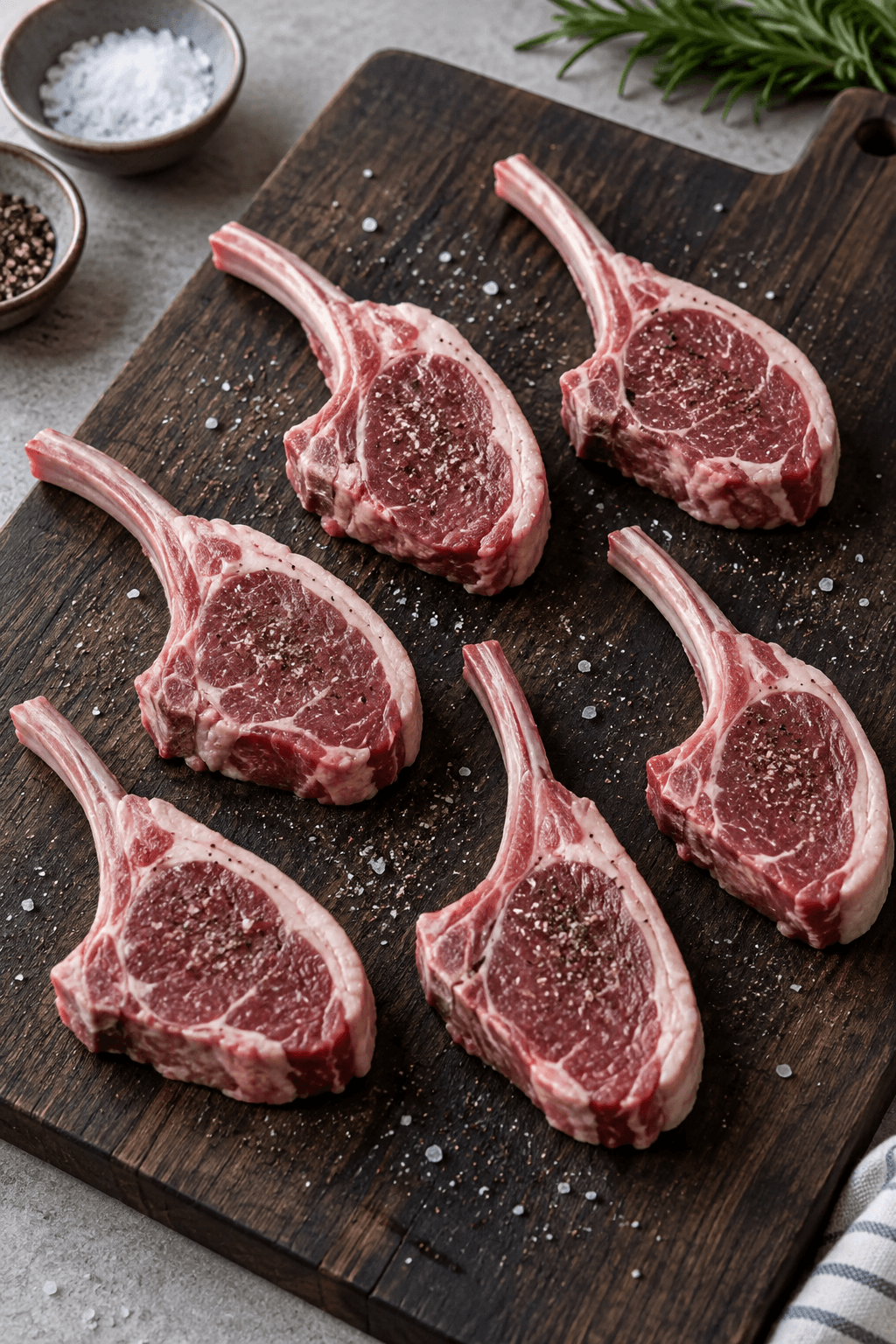 Seks rå lammekoteletter trimmes og krydres før grillning