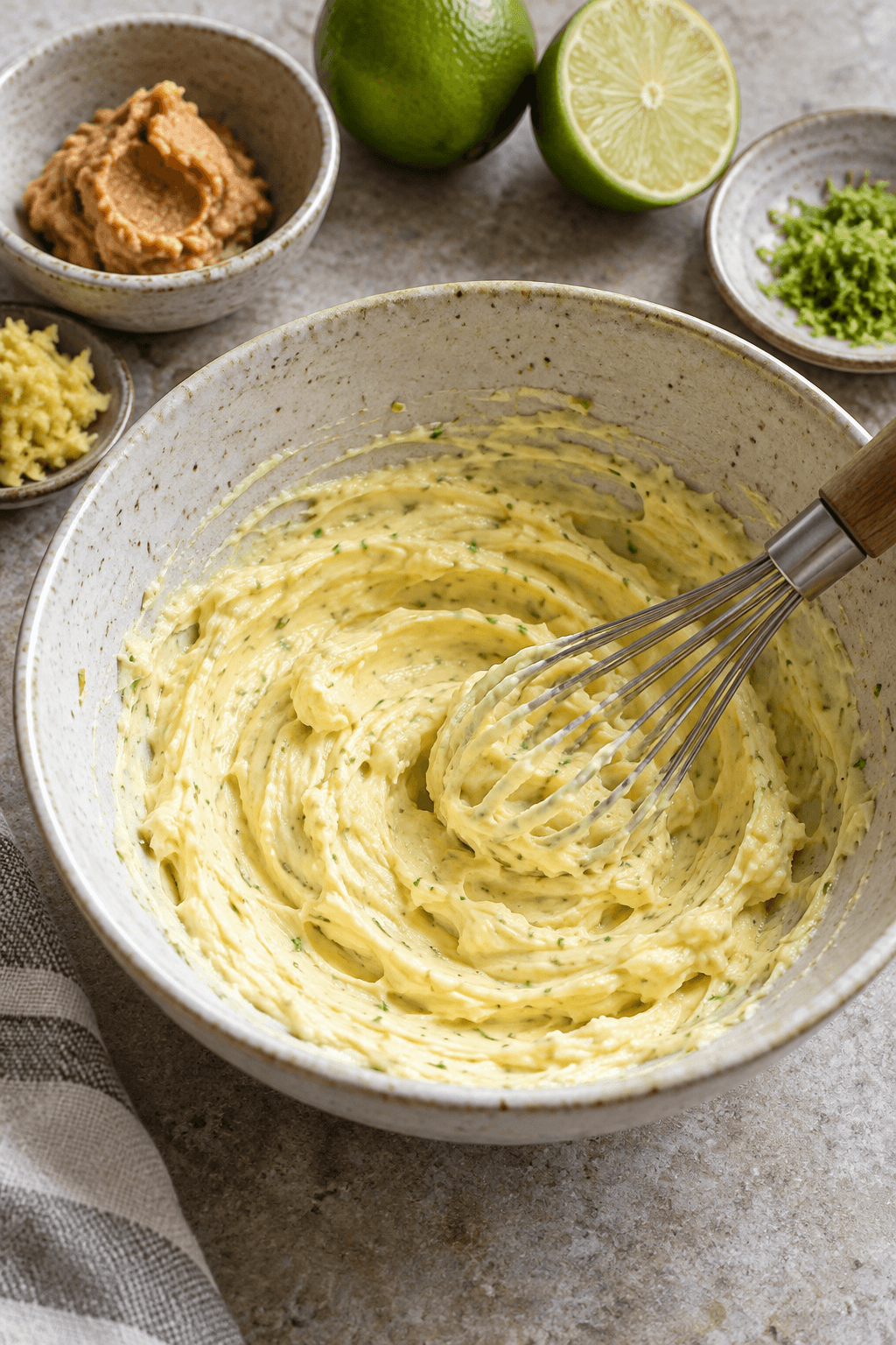 Blødt smør røres med miso, lime og ingefær