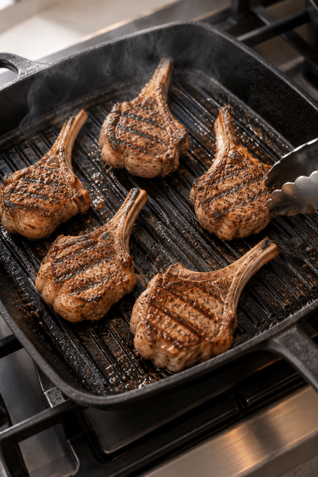 Seks lammekoteletter grilles med tydelige grillmærker