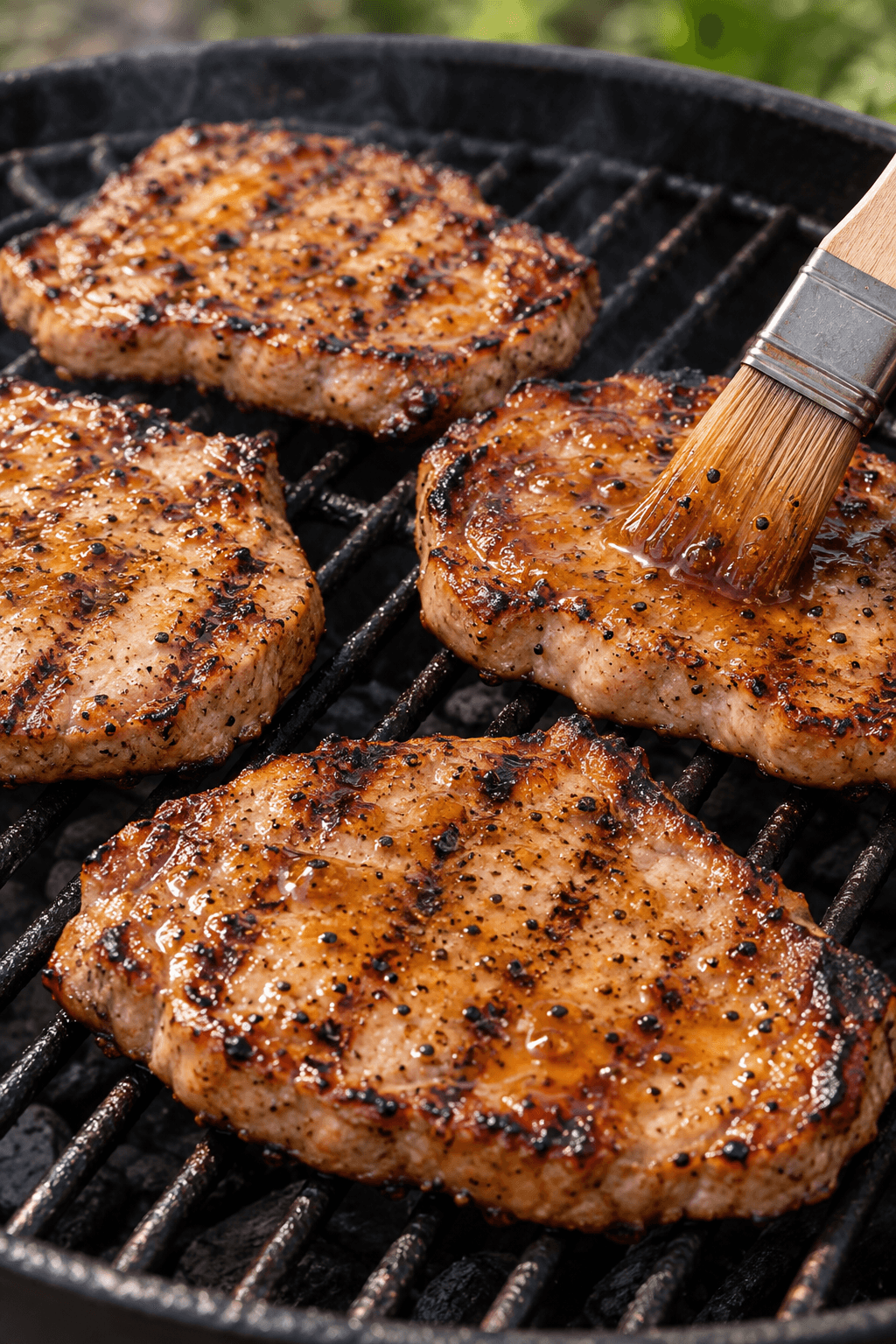Næsten færdige skinkeschnitzler pensles med blank fersken-peberglasur