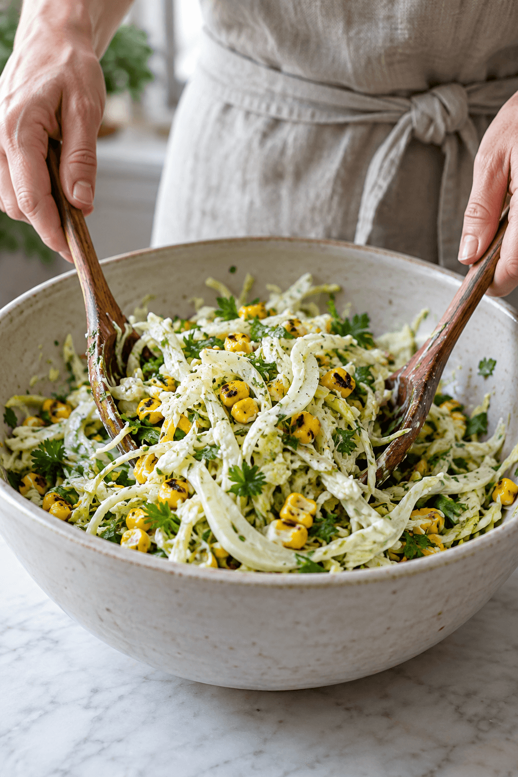 Fennikel, hvidkål, persille og grillede majs vendes i let yoghurtdressing
