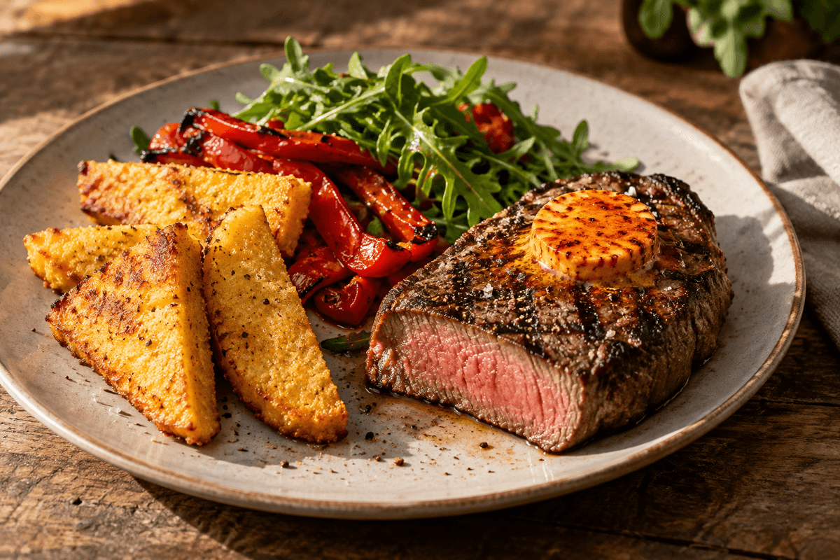 Grillet steak med paprika-parmesansmør, sprød polenta og røde peberfrugter