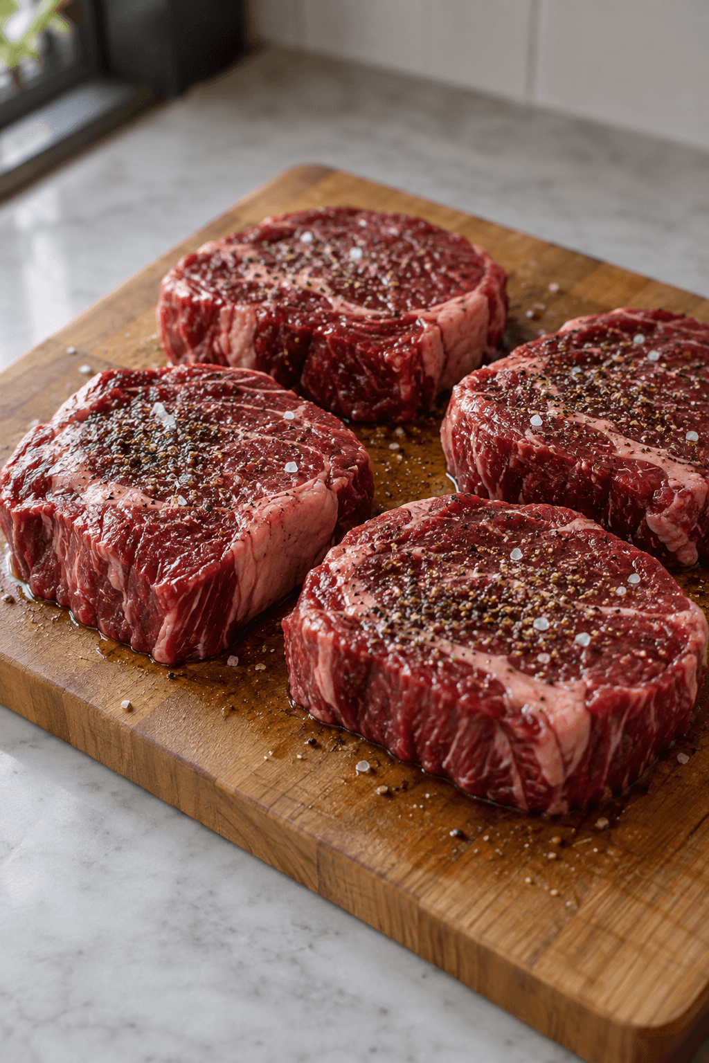Fire tykke rå steaks er duppet tørre og krydret med salt og peber